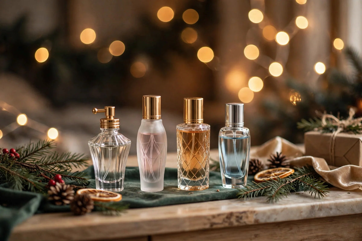 Four perfume bottles on a vanity with Christmas fairy lights
