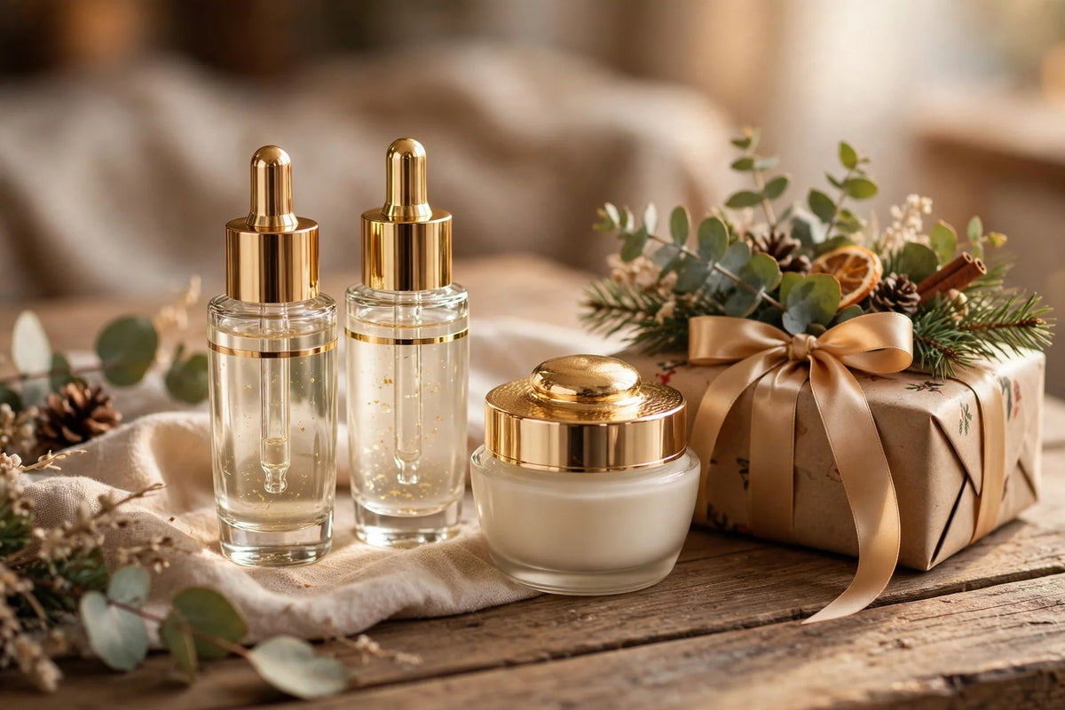 Luxury skincare gift set with gold-accented bottles beside festive wrapping