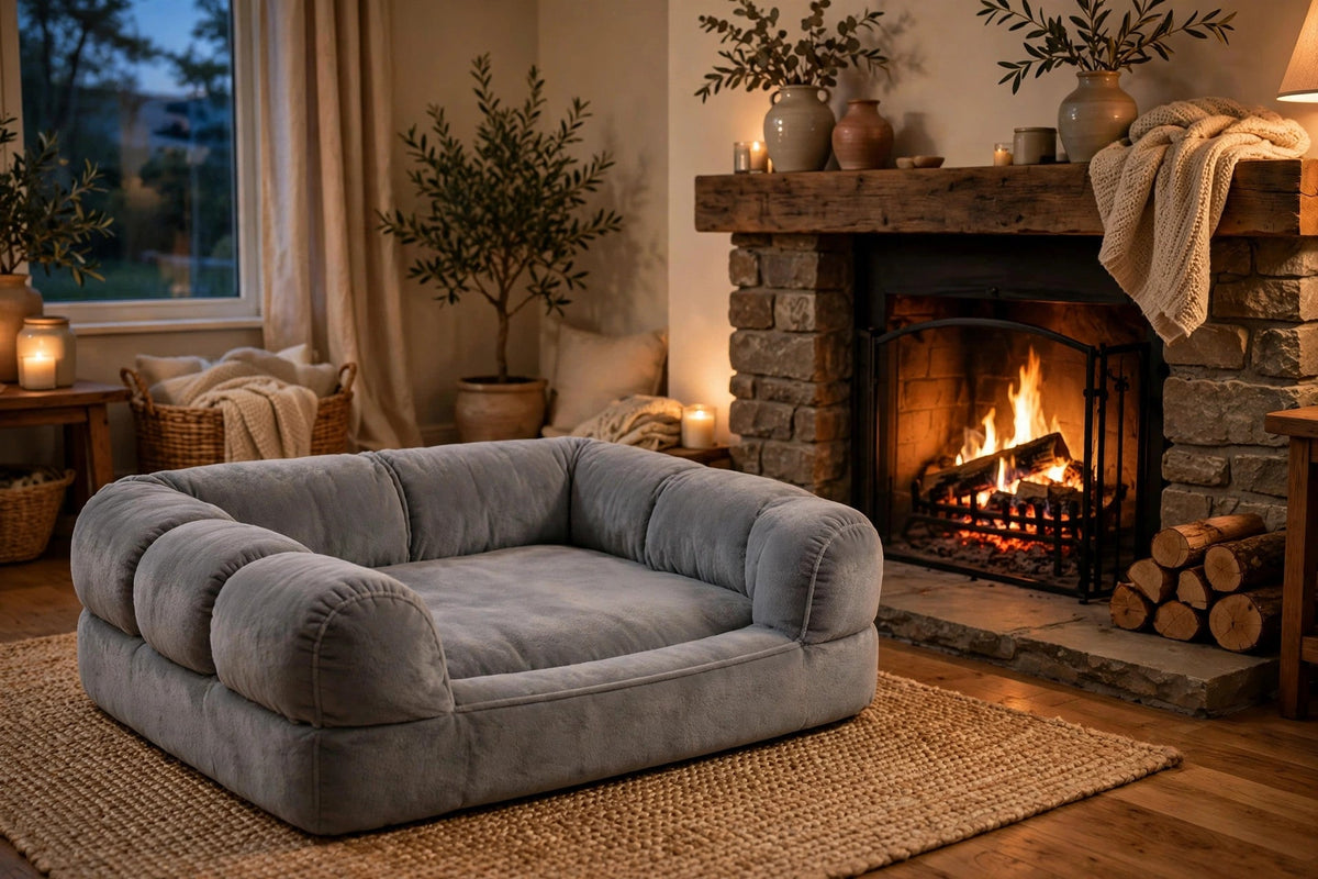 Grey memory foam bolster dog bed beside a fireplace