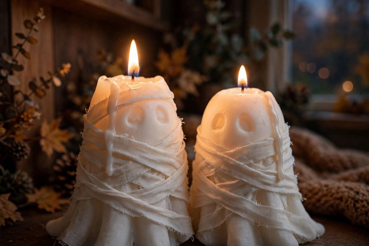 Mummy ghost candle duo glowing on a side table
