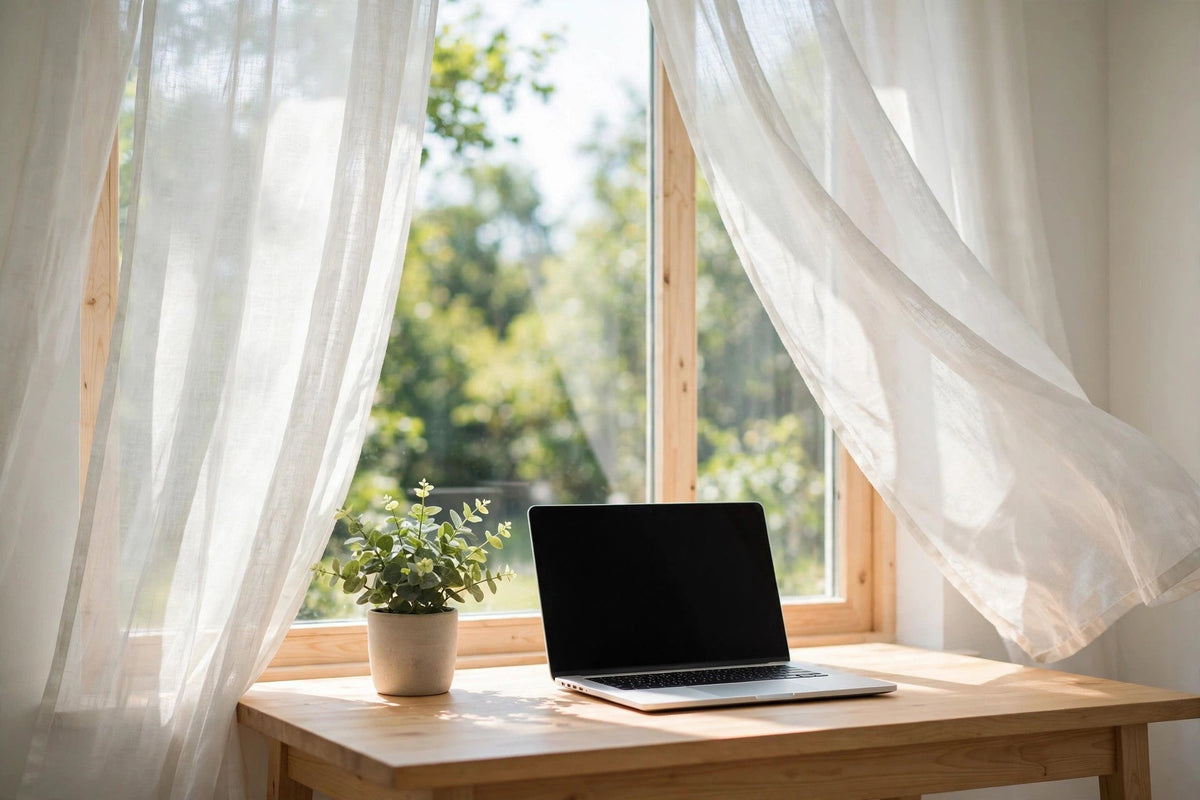 Bright home office desk with laptop near a sunlit window