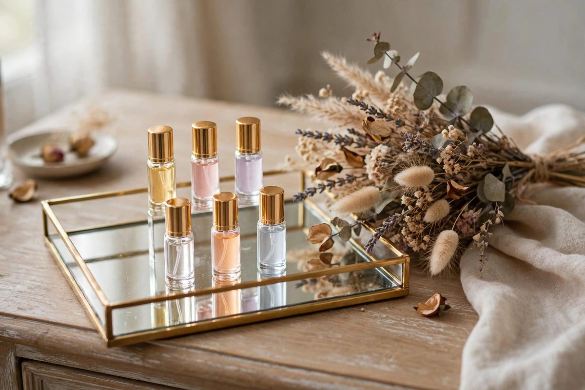Six perfume sample vials on a mirrored dressing table tray
