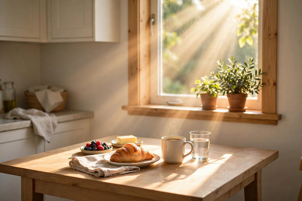Bright kitchen in the morning with sunlight and breakfast on the table