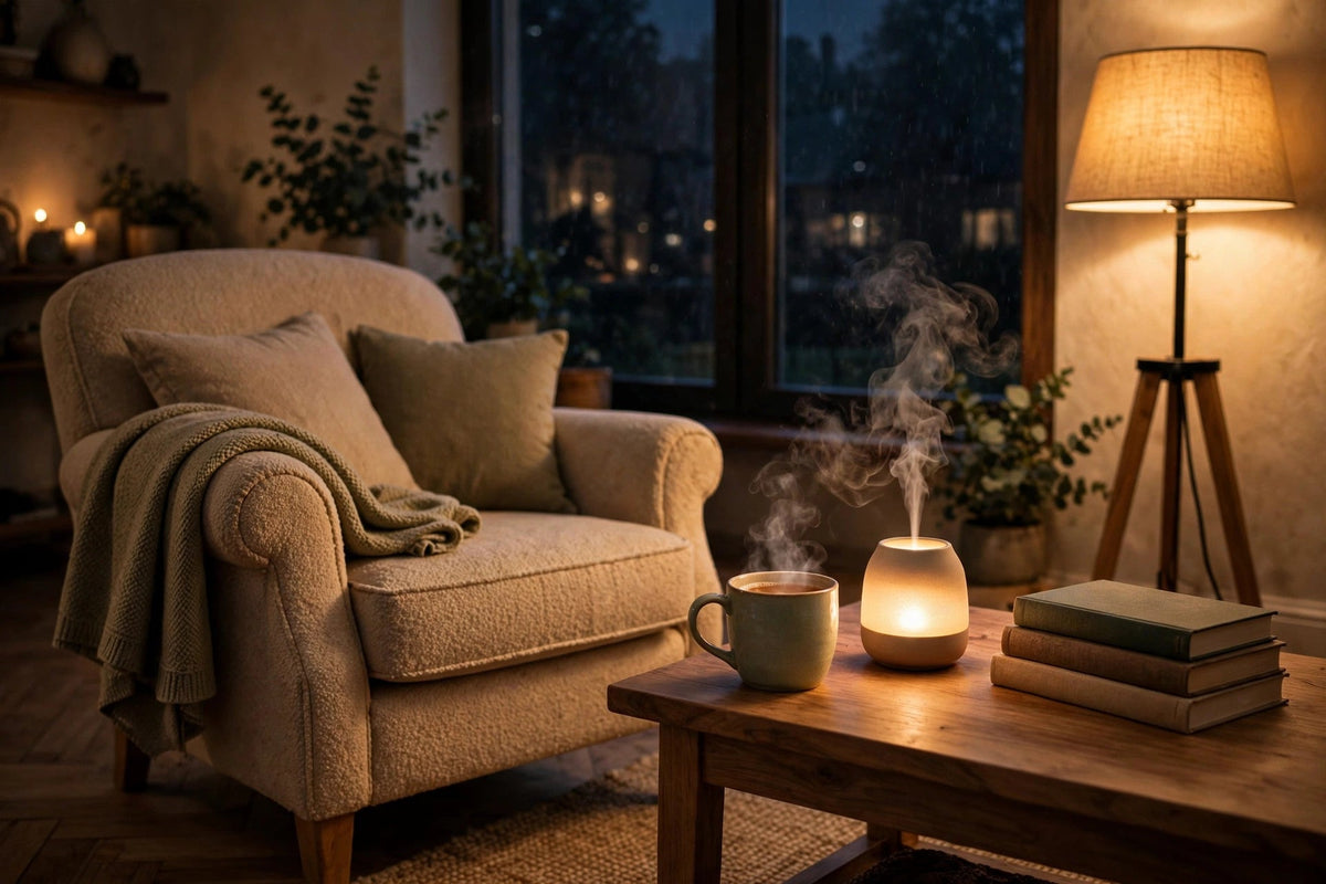 Cosy living room in the evening with a lit lamp and a steaming cup of tea