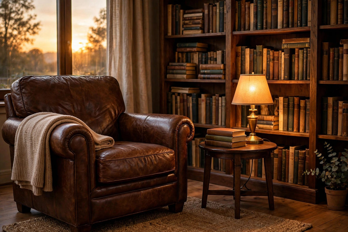 Cosy reading corner with armchair, bookshelf and warm lamp light