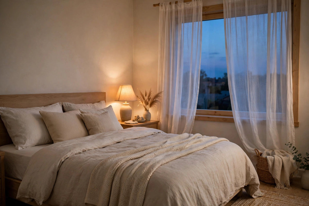 Calm bedroom at dusk with soft lamp light and neatly made bed
