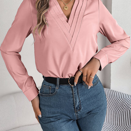 Fashion V-Neck Long Sleeve Shirt Elegant Commuter Solid Blouse Office Women's Clothing - 𝓢𝓱𝓸𝓹𝓵𝓮𝓬𝔂