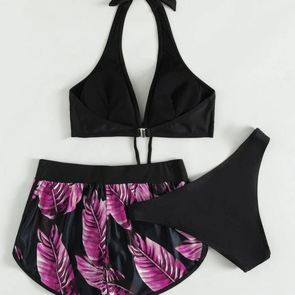 3pcs Leaf Print Bikini With Shorts Fashion Summer Beach Swimsuit Womens Clothing - 𝓢𝓱𝓸𝓹𝓵𝓮𝓬𝔂
