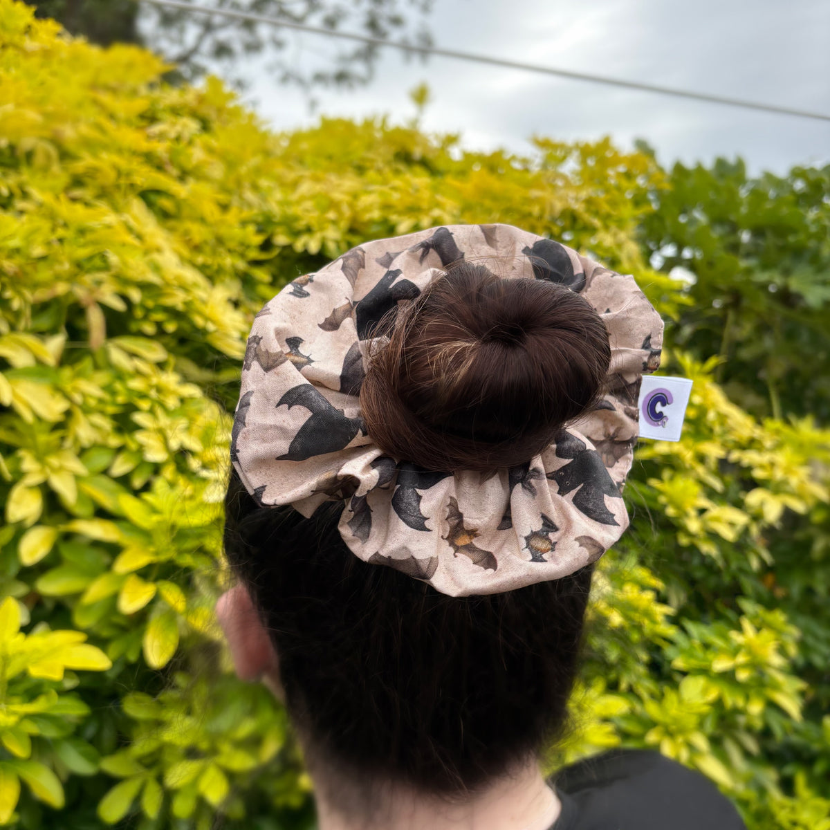Big handmade cream bat and bat cat Halloween scrunchie