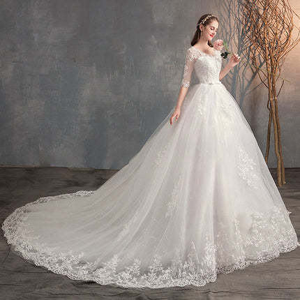 Wedding Dress Trailing Deep V Neck Lace High Waist Wedding Dress Long Sleeves - 𝓢𝓱𝓸𝓹𝓵𝓮𝓬𝔂