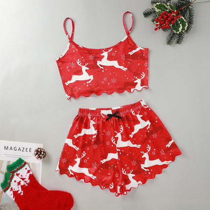 Christmas European And American Thin Pajamas Women's Sleeveless Shorts Milk Silk Simple Casual Two-piece Suit Homewear - 𝓢𝓱𝓸𝓹𝓵𝓮𝓬𝔂
