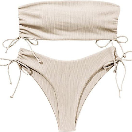 Summer Tube Bikini With Drawstring Design Solid Color Sexy Swimsuit For Beach Party Womens Clothing - 𝓢𝓱𝓸𝓹𝓵𝓮𝓬𝔂