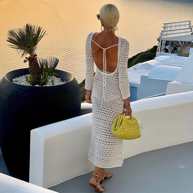 Women's Fashion Hook Hollow Straps Long-sleeved Dress 