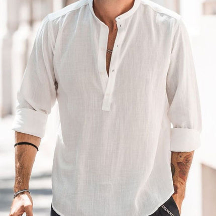 Men's Casual Stand-up Collar Door Barrel Solid Color Long-sleeved Shirt - 𝓢𝓱𝓸𝓹𝓵𝓮𝓬𝔂