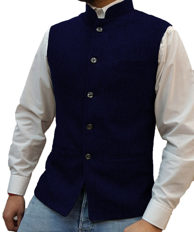 Zhongshan Collar Herringbone Pattern Vest Man - 𝓢𝓱𝓸𝓹𝓵𝓮𝓬𝔂
