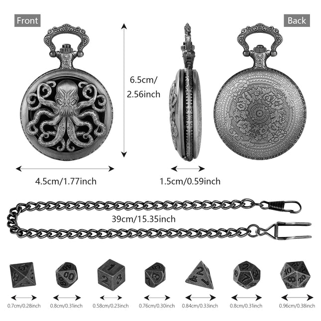 Thick Chain Octopus Symmetrical Pocket Watch Set And Mini DND Dice Set, Equipped With 7 Game Polyhedral Metal Dice Dragons And Dungeon Tabletop Role-playing Game Dice - 𝓢𝓱𝓸𝓹𝓵𝓮𝓬𝔂