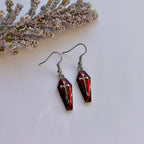 Dark red silver coffin with cross halloween dangle earrings