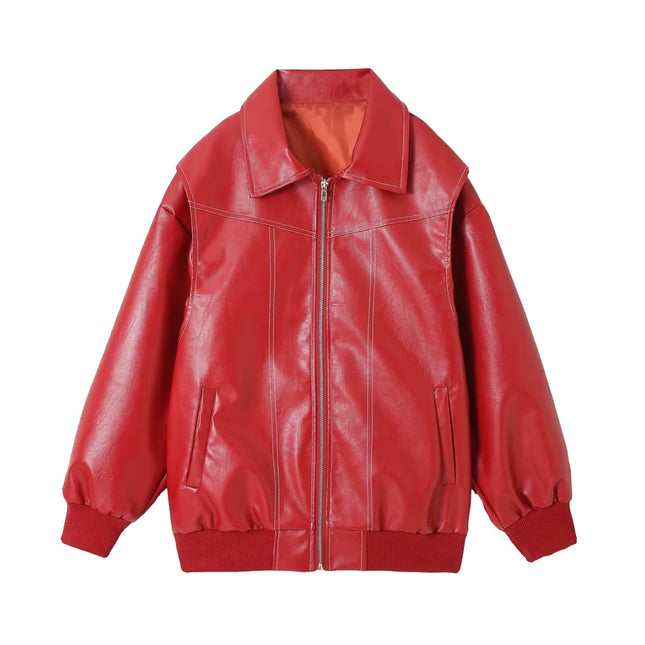 Loose Fashion Lapel Zip-up Jacket Cool Long Sleeve Zipper Closure Moto Biker Leather Jacket Womens Clothing - 𝓢𝓱𝓸𝓹𝓵𝓮𝓬𝔂