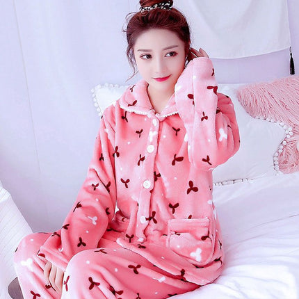 Autumn And Winter Fleece-lined Thickened Sweet Cardigan Flannel Homewear Pajamas - 𝓢𝓱𝓸𝓹𝓵𝓮𝓬𝔂