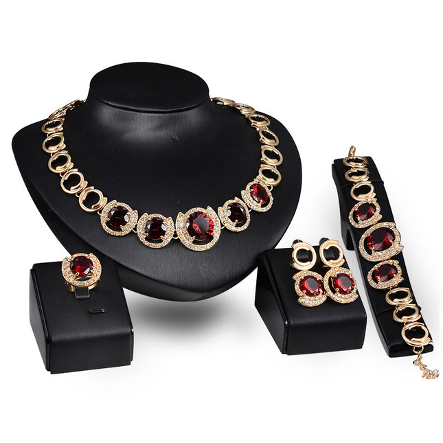 Wedding Bridal Accessories Gold Color Crystal Green Red Zircon Pendant Necklace Earrings Ring Women Wedding Bridal Jewelry Sets - 𝓢𝓱𝓸𝓹𝓵𝓮𝓬𝔂