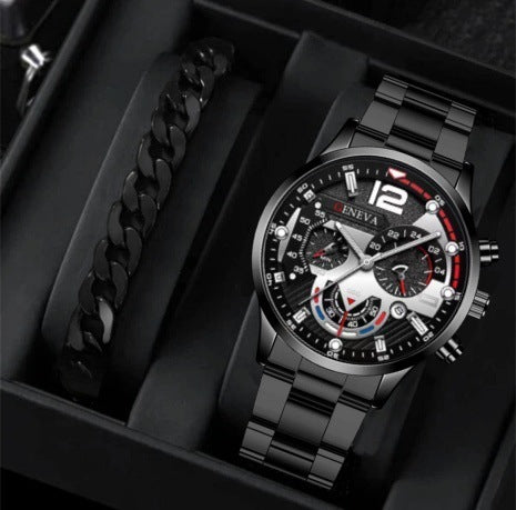 2pcs Men's New Popular Steel Strip Fashion Business Three Eye Quartz Watch Bracelet Set Valentine's Day Gifts - 𝓢𝓱𝓸𝓹𝓵𝓮𝓬𝔂