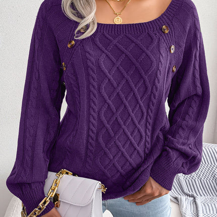 Square Neck Knitted Sweater With Button Design Winter Warm Long Sleeve Tops Women's Clothing - 𝓢𝓱𝓸𝓹𝓵𝓮𝓬𝔂