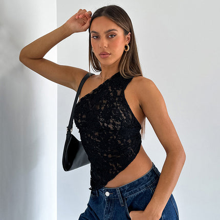 Ins Lace Backless Top Summer Solid Color Waistless Asymmetrical Sloped Neck Vest Streetwear Womens Clothes - 𝓢𝓱𝓸𝓹𝓵𝓮𝓬𝔂
