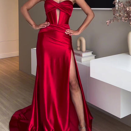 Tube Top Slit Red Extra Long Evening Dress - 𝓢𝓱𝓸𝓹𝓵𝓮𝓬𝔂