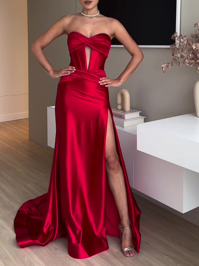 Tube Top Slit Red Extra Long Evening Dress - 𝓢𝓱𝓸𝓹𝓵𝓮𝓬𝔂