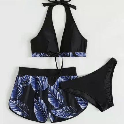3pcs Leaf Print Bikini With Shorts Fashion Summer Beach Swimsuit Womens Clothing - 𝓢𝓱𝓸𝓹𝓵𝓮𝓬𝔂