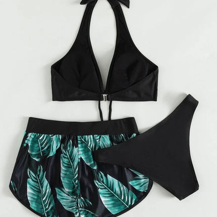 3pcs Leaf Print Bikini With Shorts Fashion Summer Beach Swimsuit Womens Clothing - 𝓢𝓱𝓸𝓹𝓵𝓮𝓬𝔂