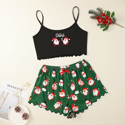 Christmas European And American Thin Pajamas Women's Sleeveless Shorts Milk Silk Simple Casual Two-piece Suit Homewear - 𝓢𝓱𝓸𝓹𝓵𝓮𝓬𝔂