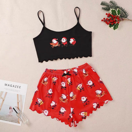 Christmas European And American Thin Pajamas Women's Sleeveless Shorts Milk Silk Simple Casual Two-piece Suit Homewear - 𝓢𝓱𝓸𝓹𝓵𝓮𝓬𝔂