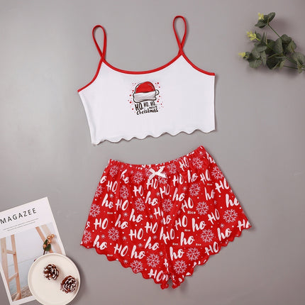 Christmas European And American Thin Pajamas Women's Sleeveless Shorts Milk Silk Simple Casual Two-piece Suit Homewear - 𝓢𝓱𝓸𝓹𝓵𝓮𝓬𝔂