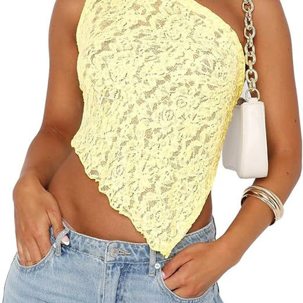 Ins Lace Backless Top Summer Solid Color Waistless Asymmetrical Sloped Neck Vest Streetwear Womens Clothes - 𝓢𝓱𝓸𝓹𝓵𝓮𝓬𝔂