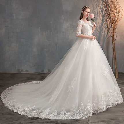 Wedding Dress Trailing Deep V Neck Lace High Waist Wedding Dress Long Sleeves - 𝓢𝓱𝓸𝓹𝓵𝓮𝓬𝔂