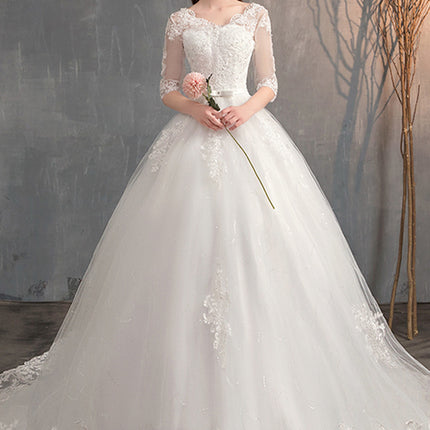 Wedding Dress Trailing Deep V Neck Lace High Waist Wedding Dress Long Sleeves - 𝓢𝓱𝓸𝓹𝓵𝓮𝓬𝔂