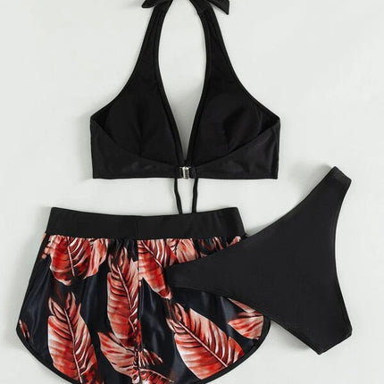 3pcs Leaf Print Bikini With Shorts Fashion Summer Beach Swimsuit Womens Clothing - 𝓢𝓱𝓸𝓹𝓵𝓮𝓬𝔂