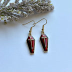 Dark red silver coffin with cross halloween dangle earrings