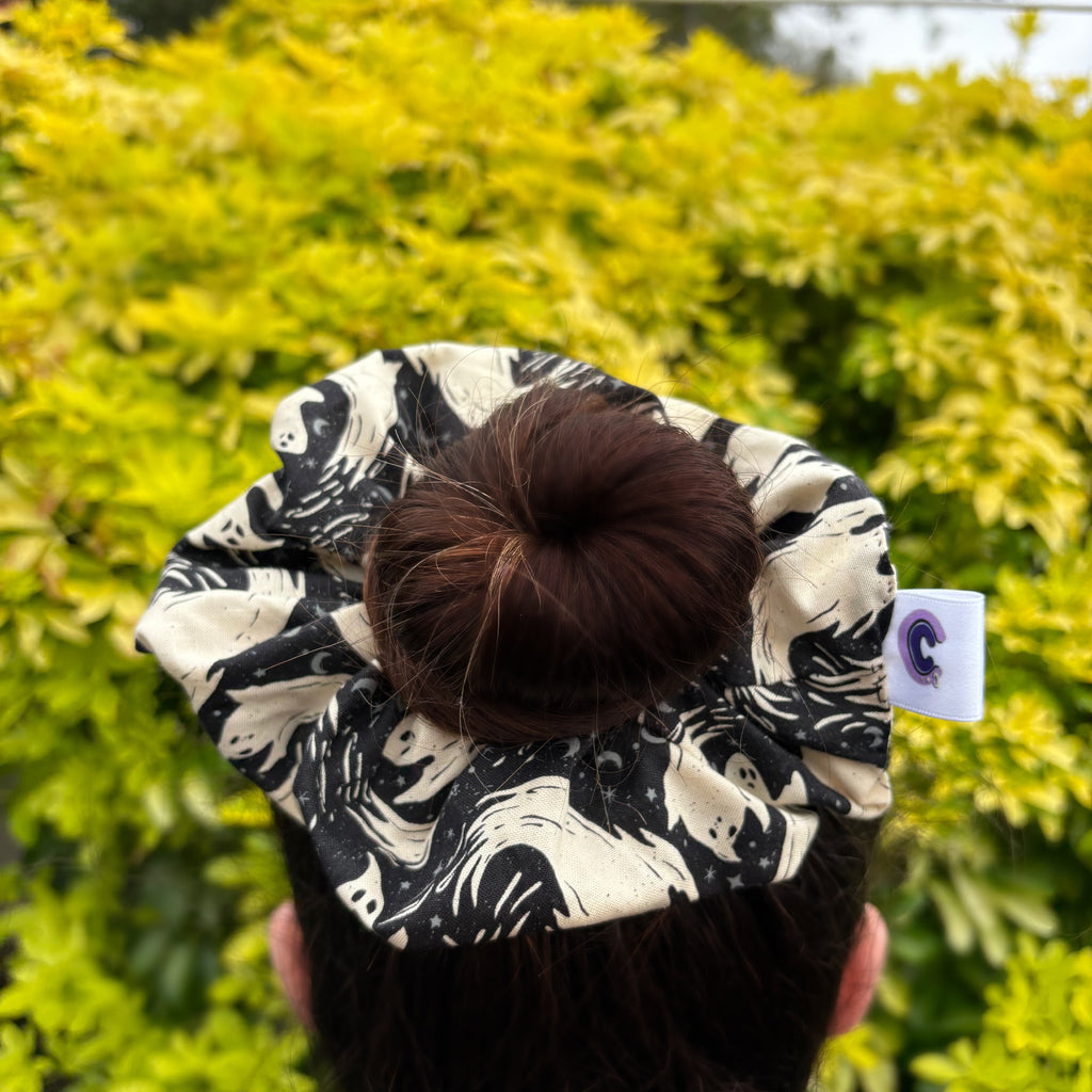 Big handmade black and cream ghost Halloween scrunchie