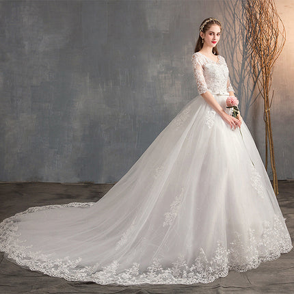 Wedding Dress Trailing Deep V Neck Lace High Waist Wedding Dress Long Sleeves - 𝓢𝓱𝓸𝓹𝓵𝓮𝓬𝔂