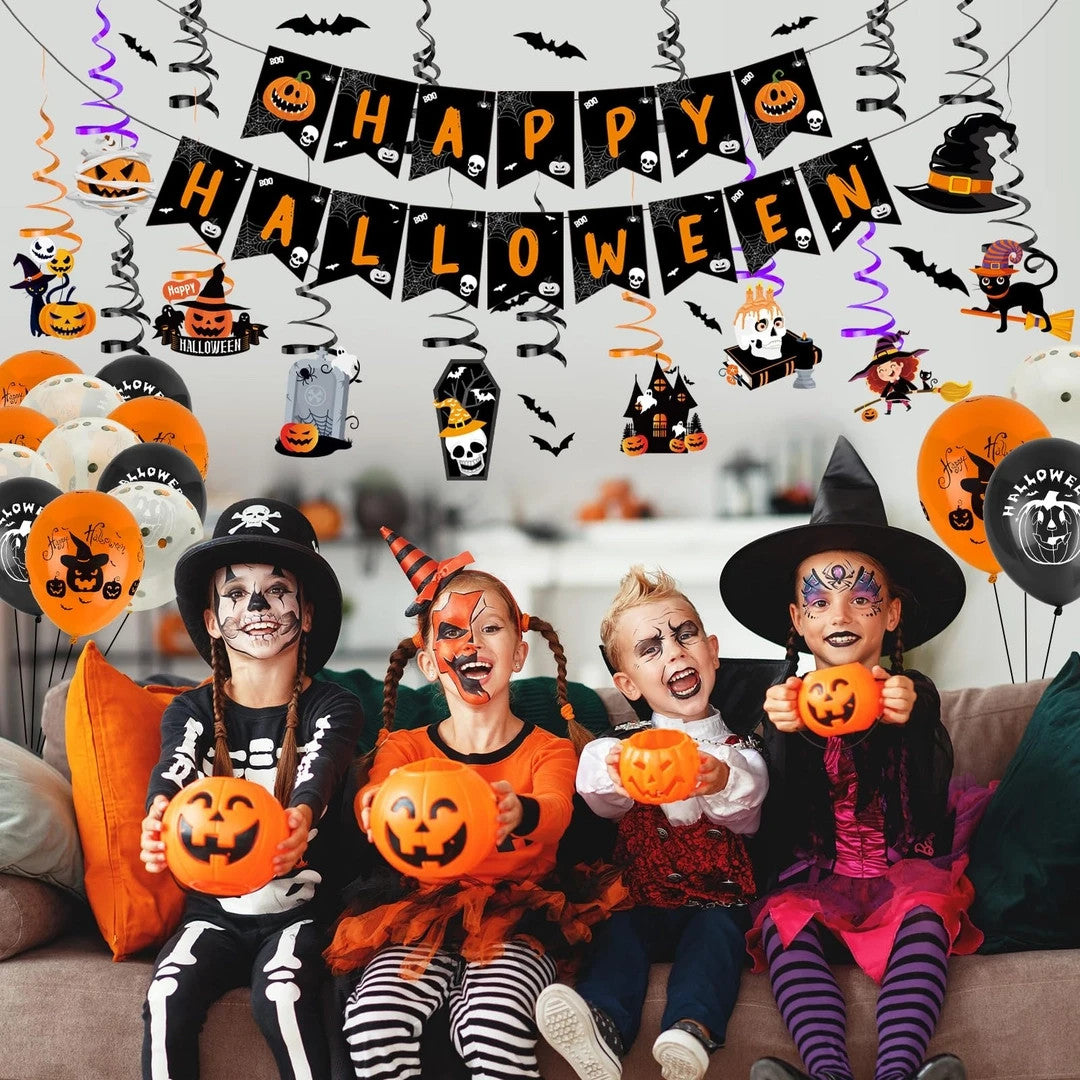 Spooky Halloween Party Decorations - 68 pcs Set includes Balloons, Bunting, Bats