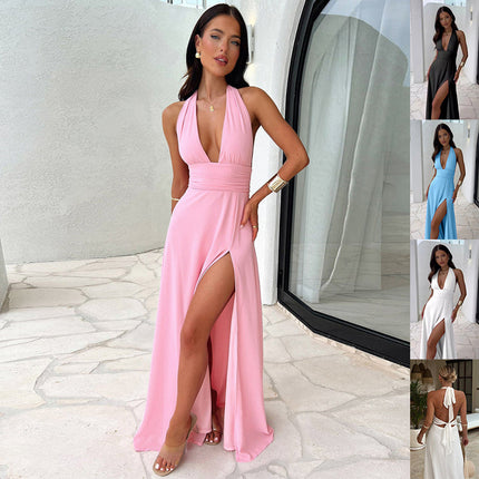 Sexy Halterneck V-neck Slit Dress Summer Backless Strappy Skirt Fashion Temperament Clothing Women - 𝓢𝓱𝓸𝓹𝓵𝓮𝓬𝔂