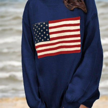 Usa Flag Design Drop Shoulder Sweater,Long Sleeve Tops - 𝓢𝓱𝓸𝓹𝓵𝓮𝓬𝔂