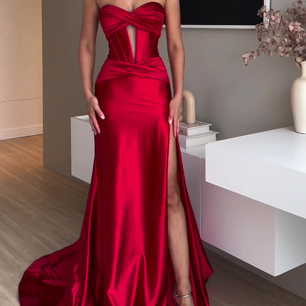 Tube Top Slit Red Extra Long Evening Dress - 𝓢𝓱𝓸𝓹𝓵𝓮𝓬𝔂
