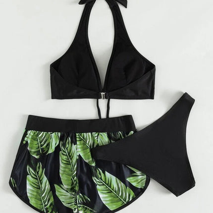 3pcs Leaf Print Bikini With Shorts Fashion Summer Beach Swimsuit Womens Clothing - 𝓢𝓱𝓸𝓹𝓵𝓮𝓬𝔂