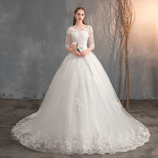 Wedding Dress Trailing Deep V Neck Lace High Waist Wedding Dress Long Sleeves - 𝓢𝓱𝓸𝓹𝓵𝓮𝓬𝔂