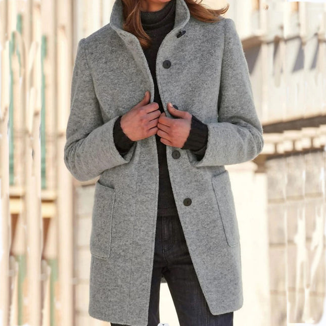 Fashion Stand Collar Woolen Coat With Pockets Fall Winter Casual Button Outwear For Women Clothing - 𝓢𝓱𝓸𝓹𝓵𝓮𝓬𝔂