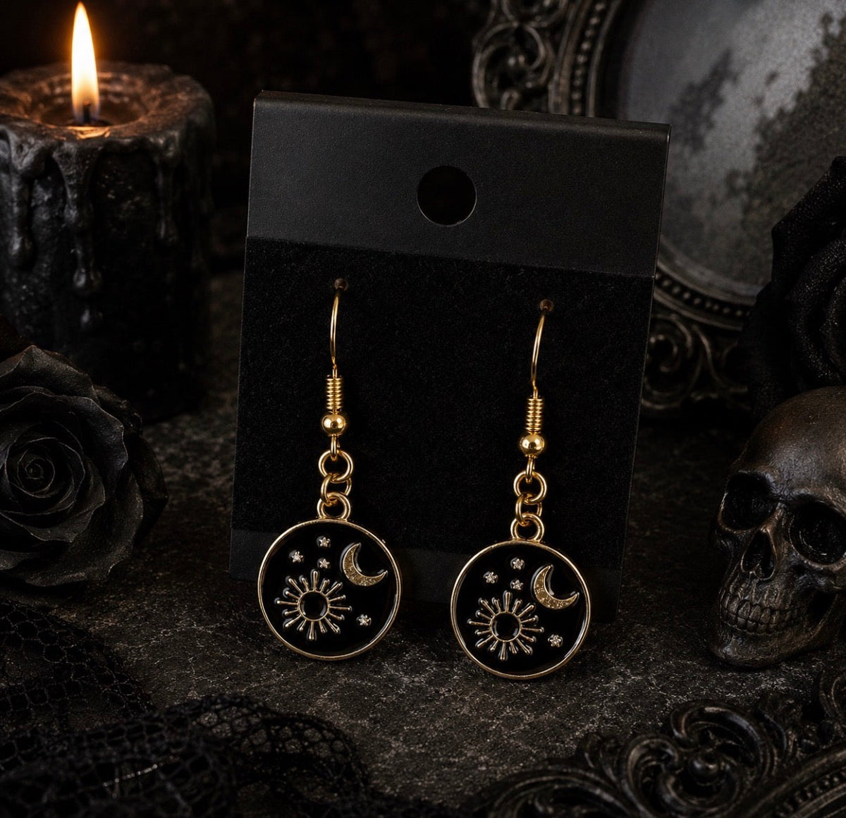 Black and Gold Gothic Halloween Dangle Drop Earrings