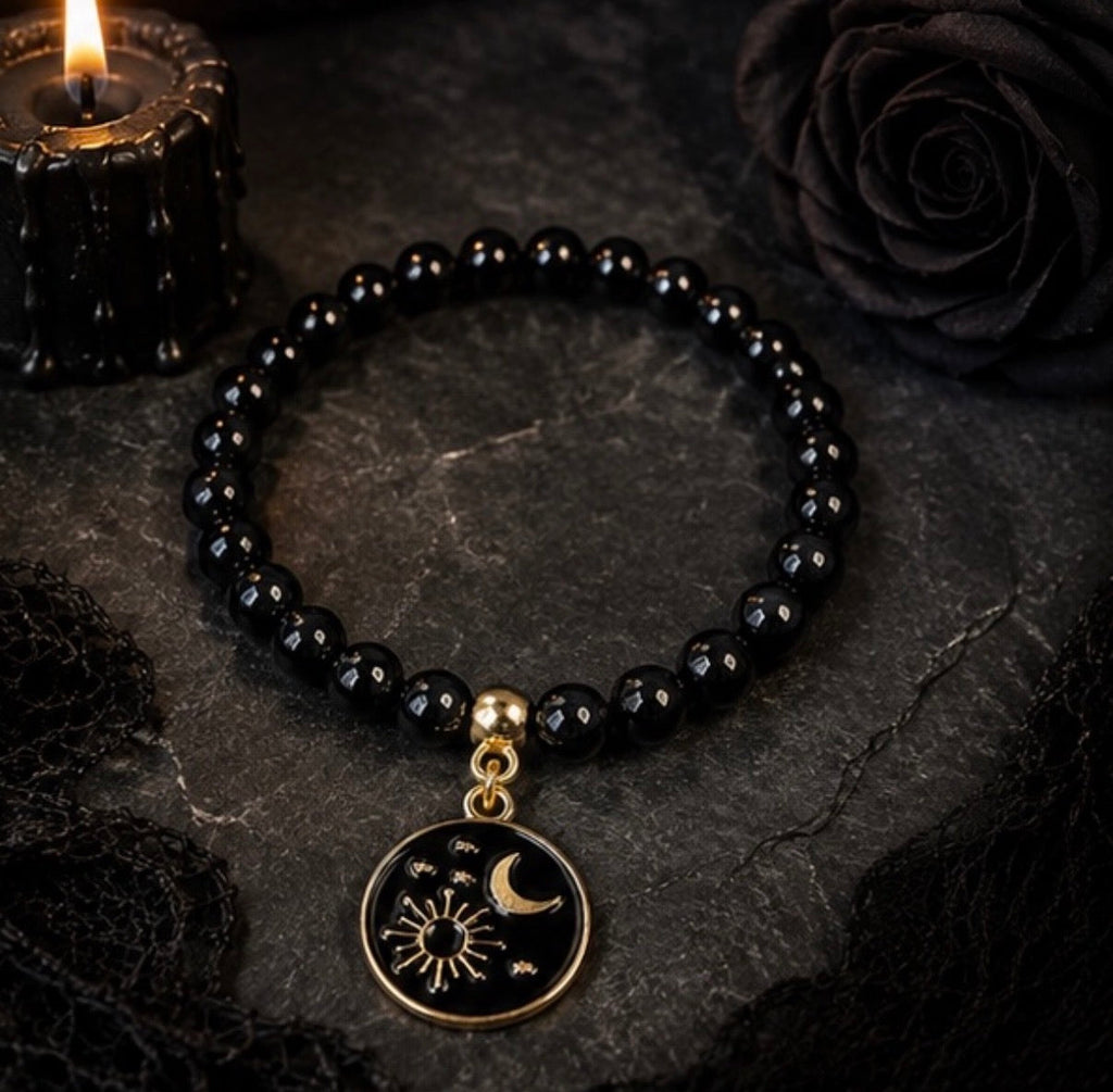 Black and Gold Gothic Halloween Stretch Beaded Bracelet with Charm